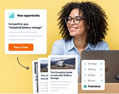 Marketer at a laptop with Media Shower opportunity, deliverable and published cards