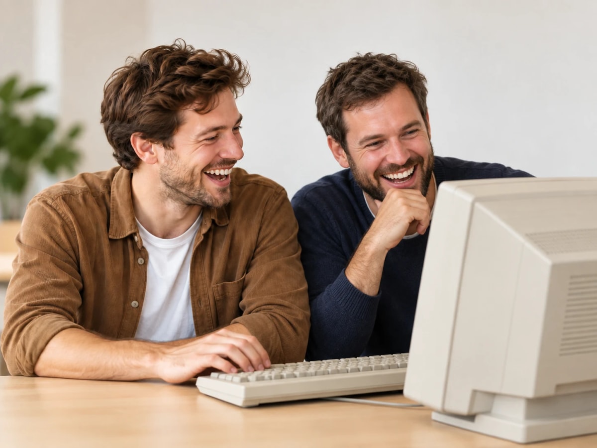 Two early Media Shower teammates laughing at a computer