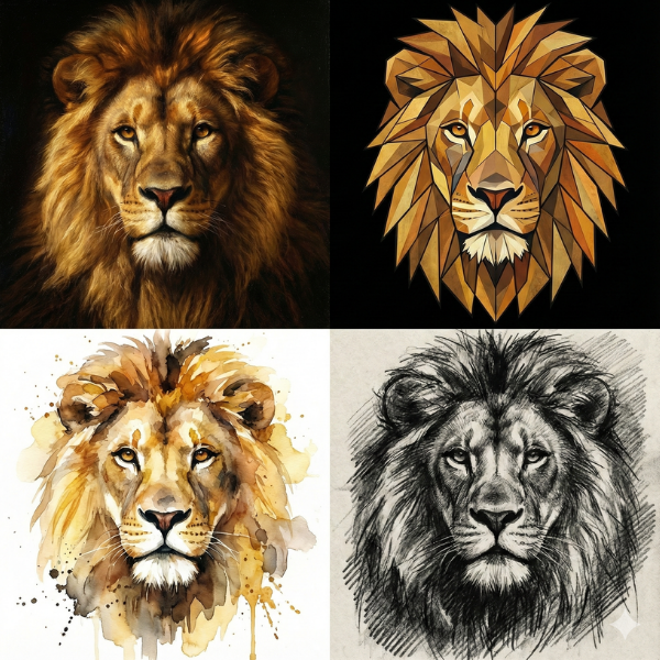 Lion art, photo realistic, digital, water color and charcoal.