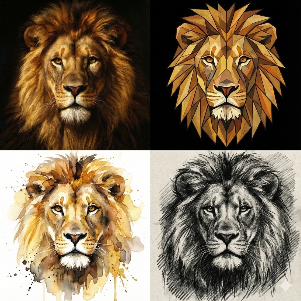 Four Artistic Lion Portraits: Realistic, Polygon, Watercolor, and Sketch.