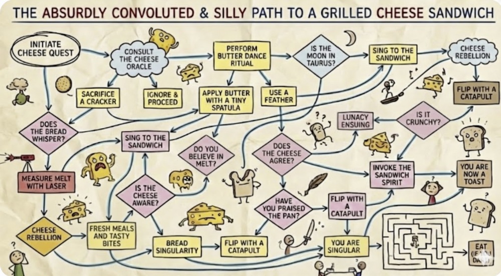 Absurdly Convoluted & Silly Flowchart to Make a Grilled Cheese Sandwich.
