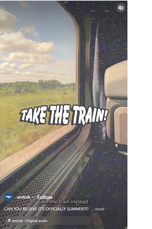 Amtrak train window view of summer fields and sky, "Take the Train!" text overlay