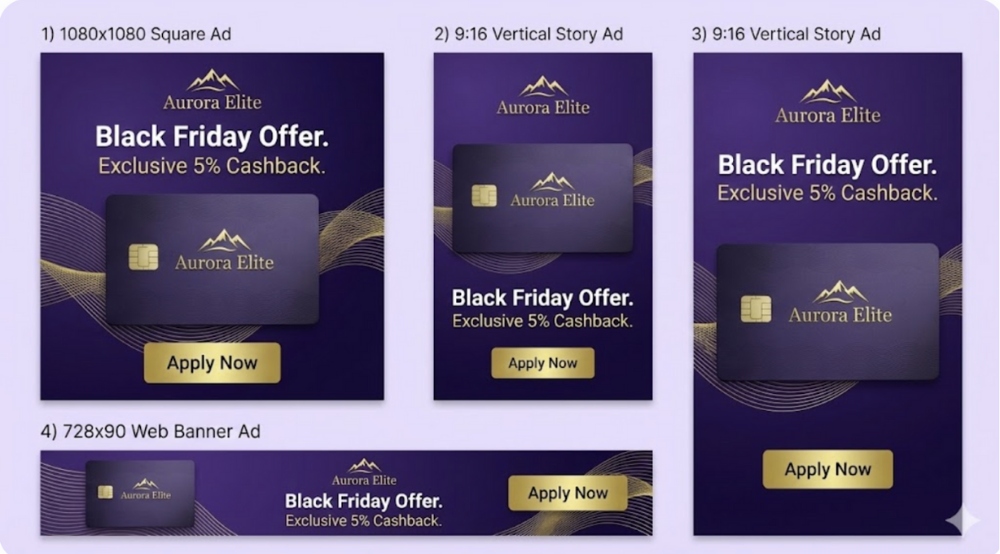 Aurora Elite Black Friday 5% Cashback Credit Card Ad Variations.