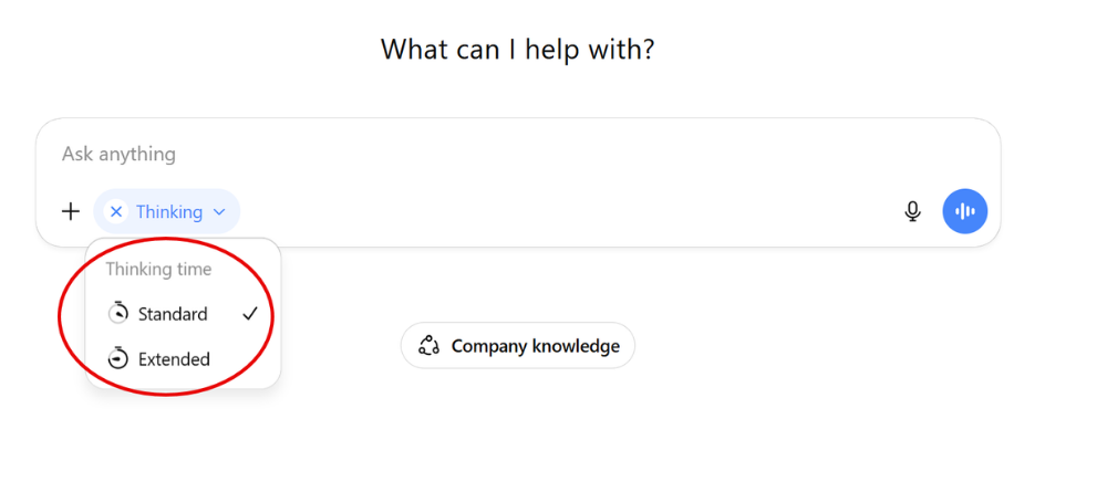 ChatGPT input bar showing thinking modes and company knowledge option