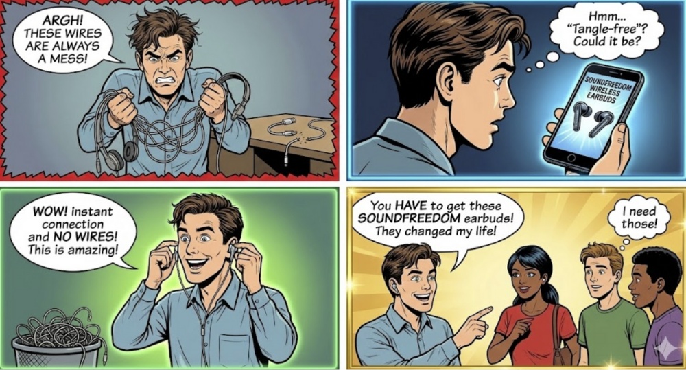 Comic Strip: Frustrated Man Discovers SoundFreedom Wireless Earbuds