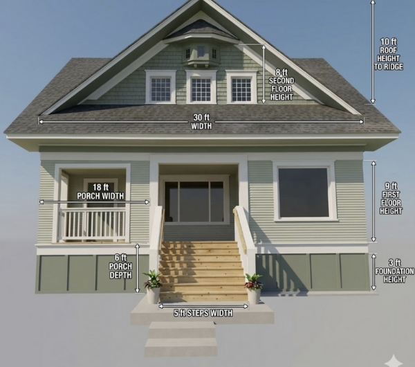 Craftsman House Elevation with Dimensions and Height Measurements