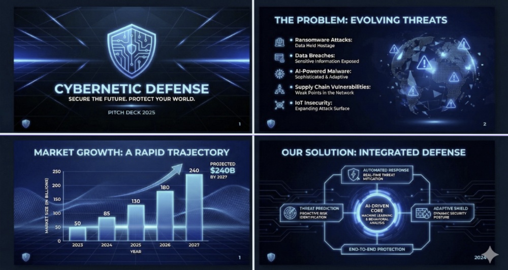 Cybernetic Defense Pitch Deck 2025: Threats, Growth, and AI Solution.