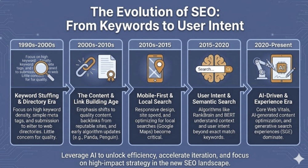 The Evolution of SEO: From Keywords to User Intent Timeline Infographic.