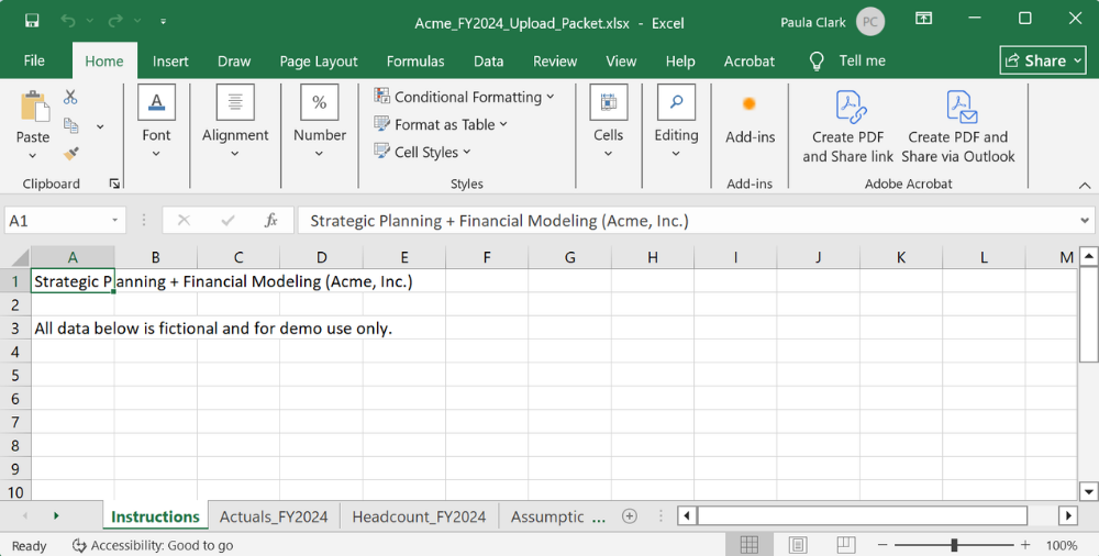 Excel spreadsheet titled Strategic Planning + Financial Modeling for Acme Inc.
