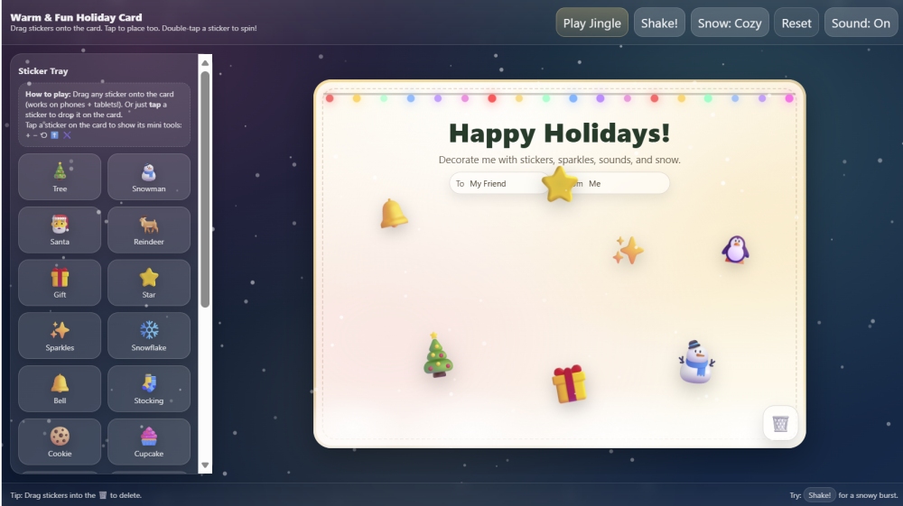 Happy Holidays digital card decorated with festive stickers and sparkles