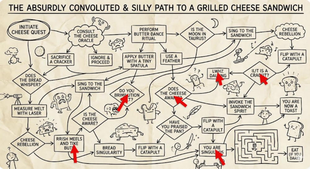 Humorous Overly Complicated Grilled Cheese Sandwich Flowchart with Annotations.