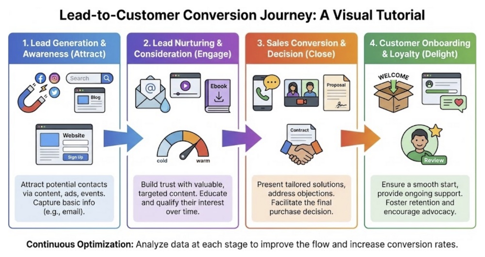 Lead-to-Customer Conversion Journey: 4-Stage Visual Tutorial Infographic.