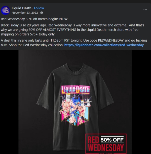 Liquid Death Red Wednesday 50% Off Sale T-Shirt Featuring Muscular Death Rider Graphic.