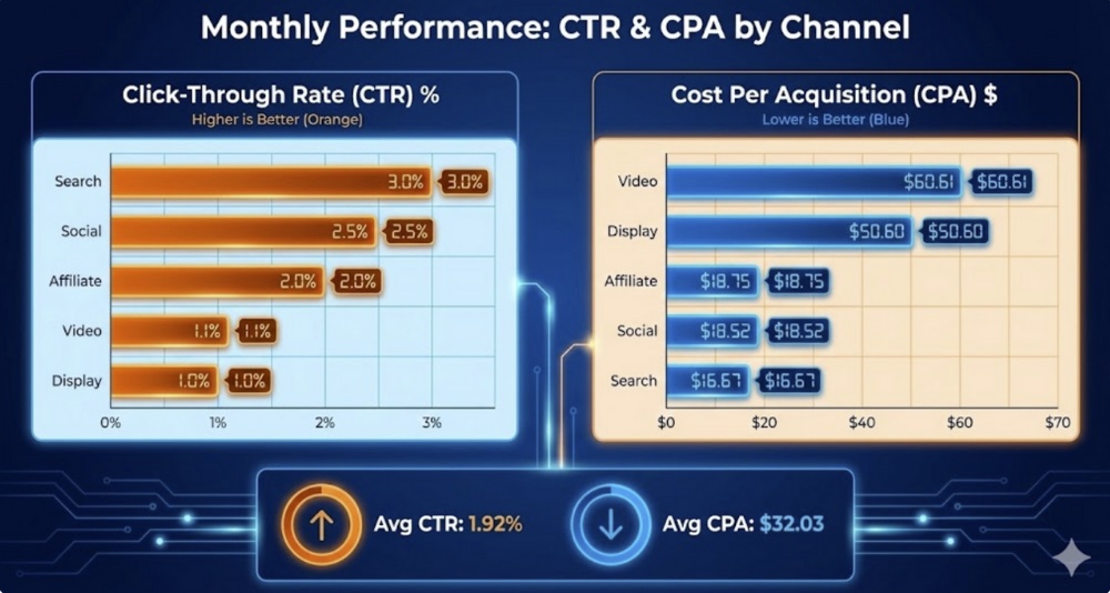 Monthly CTR and CPA Performance by Marketing Channel Dashboard.