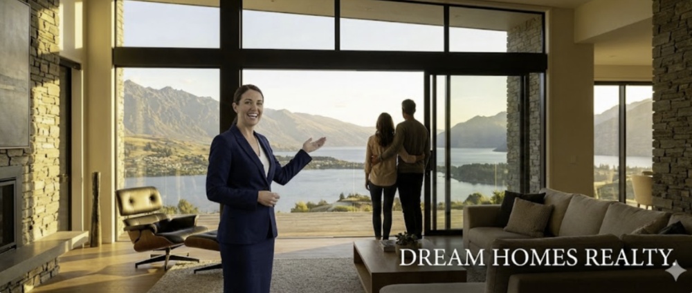 Real Estate Agent Presenting Luxury Lake-View Home - Dream Homes Realty