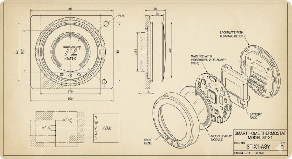 Technical Drawing: Smart Home Thermostat ST-X1 Exploded View and Dimensions