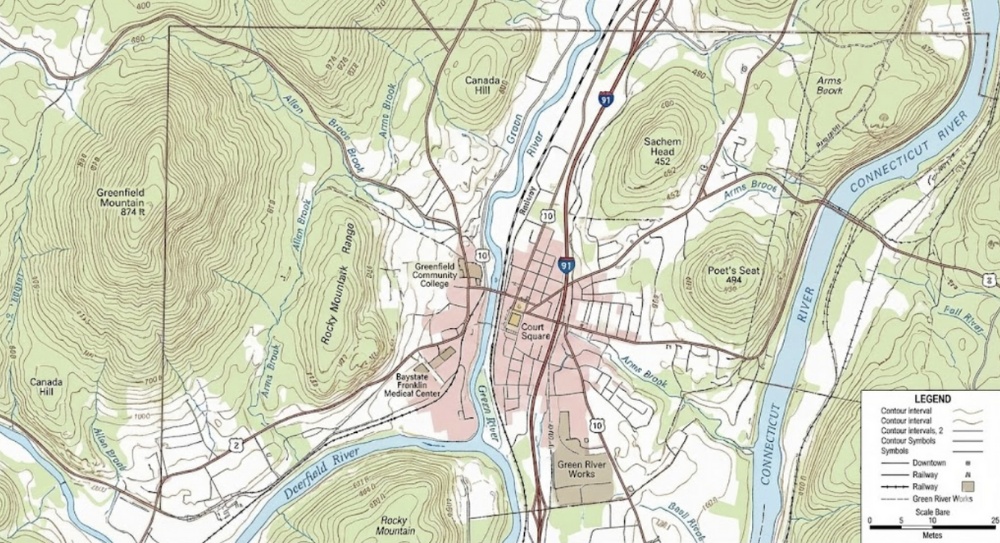 Topographic Map of Greenfield, Massachusetts with Contour Lines.
