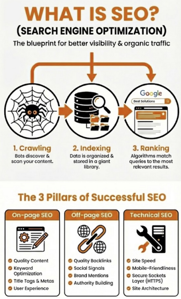 What Is SEO? Search Engine Optimization 3 Pillars Infographic.