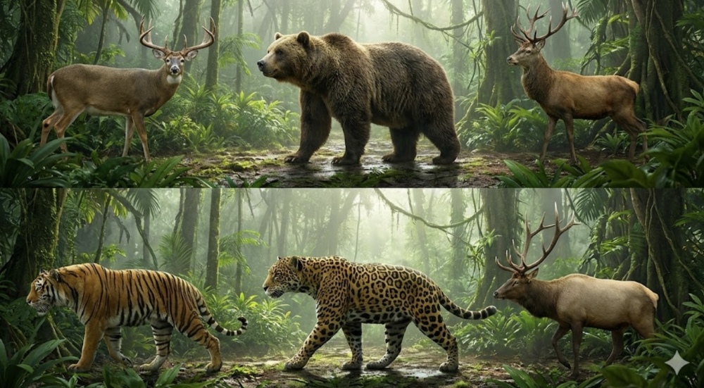 Wild Animals in Lush Jungle: Bear, Deer, Tiger, Leopard, and Elk.