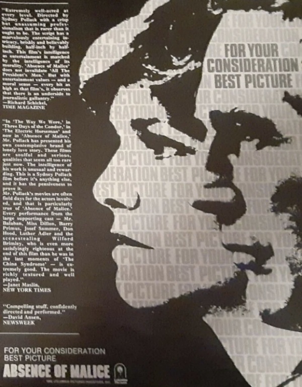 Absence of Malice Oscar ad best picture Paula Newman silhouette