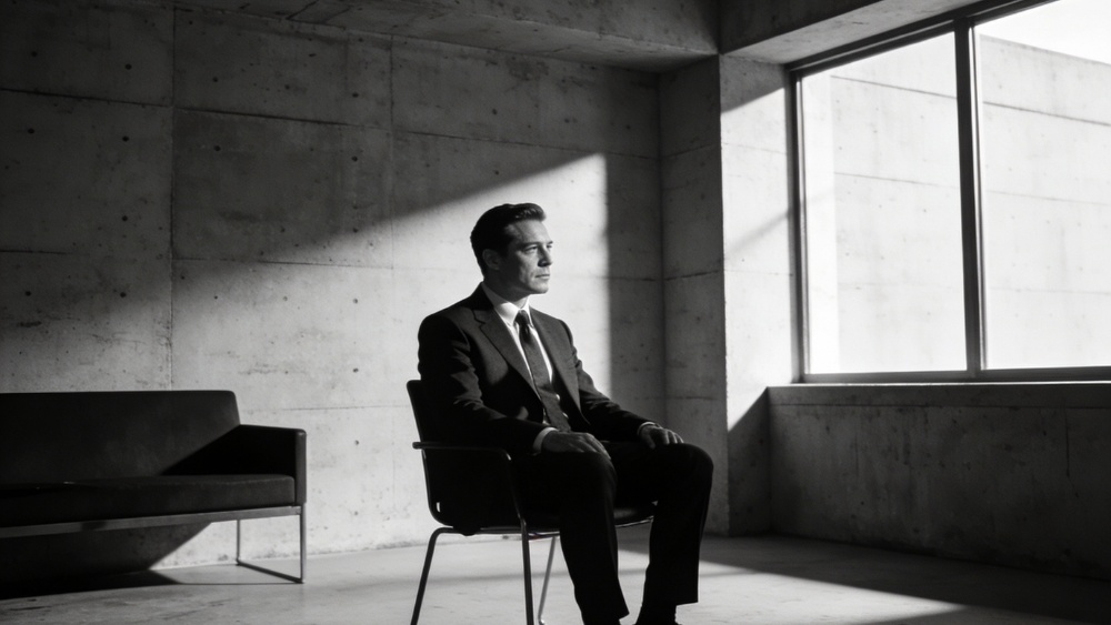 Businessman in suit sitting thoughtfully in modern concrete room