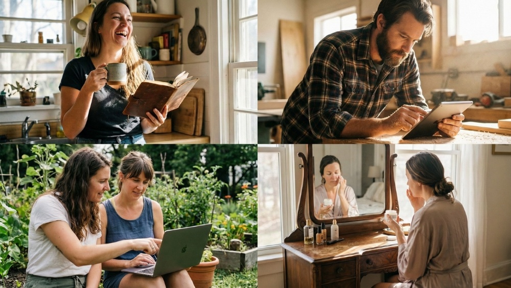 Cozy lifestyle scenes of people reading, working, and morning routine