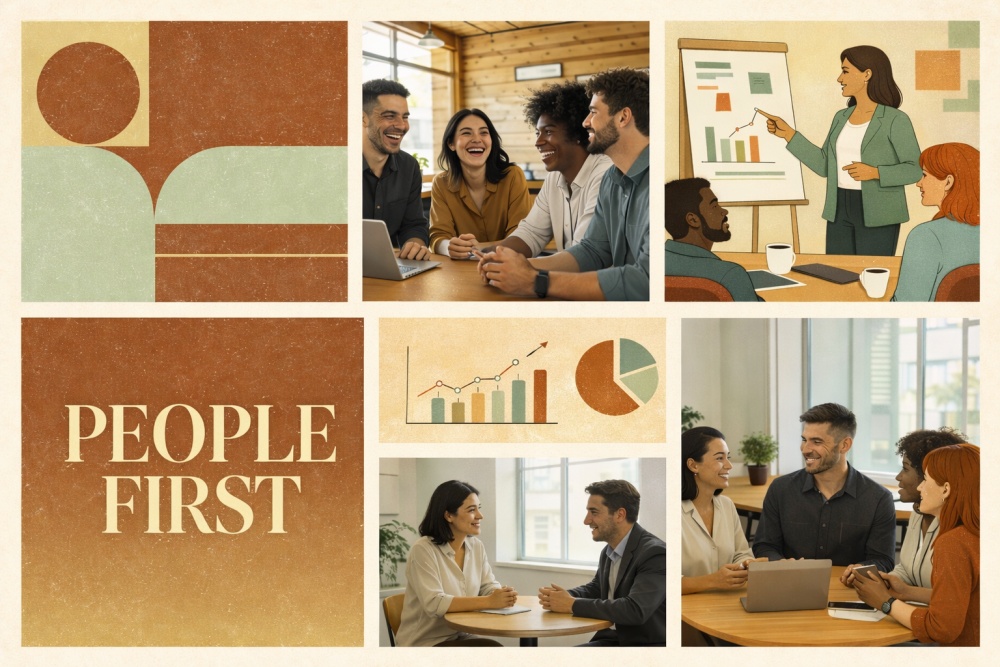 Diverse team collaboration and people-first workplace scenes
