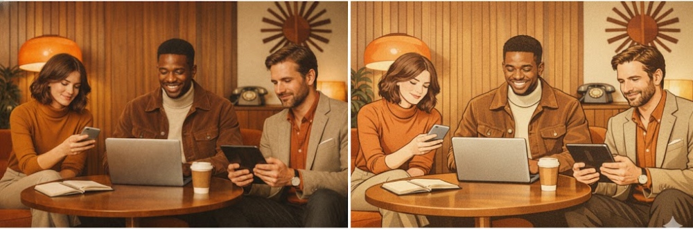 Friends sharing devices and laughing together in retro coffee shop