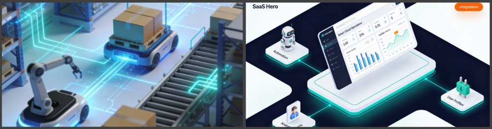 Futuristic warehouse automation and SaaS Hero dashboard with integrations
