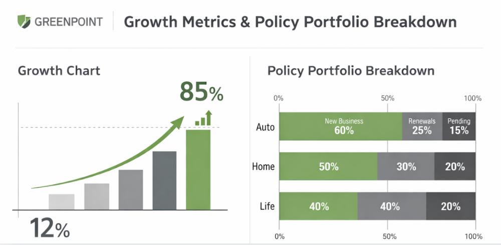 Greenpoint growth chart showing 85% increase and policy portfolio breakdown