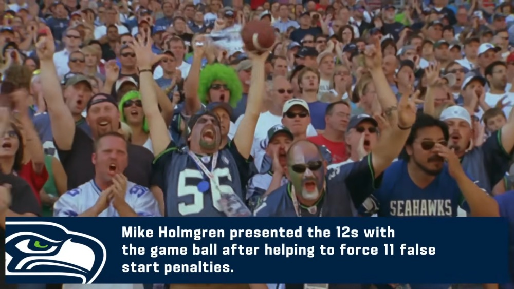 Seattle Seahawks 12s fans cheering loudly as Mike Holmgren honors them.