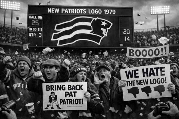 Angry Patriots fans boo 1979 new logo with protest signs