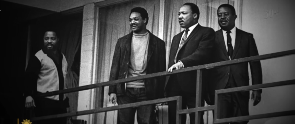 James Brown with Martin Luther King Jr and supporters on balcony