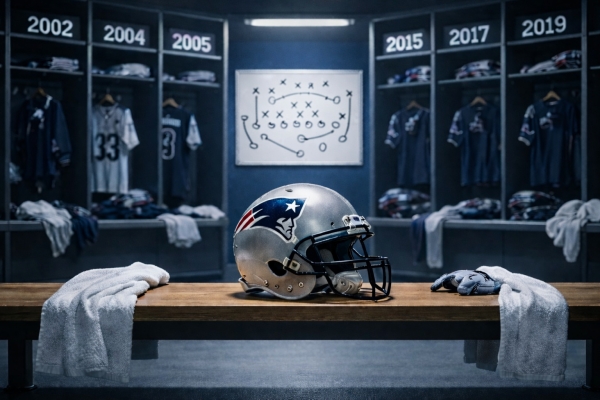 New England Patriots helmet on locker room bench with Super Bowl years