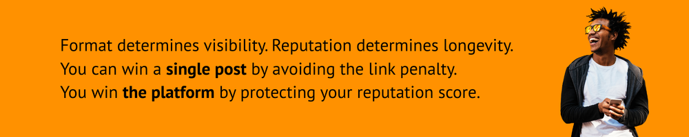 Person laughing in front of orange background with social media visibility tip text.
