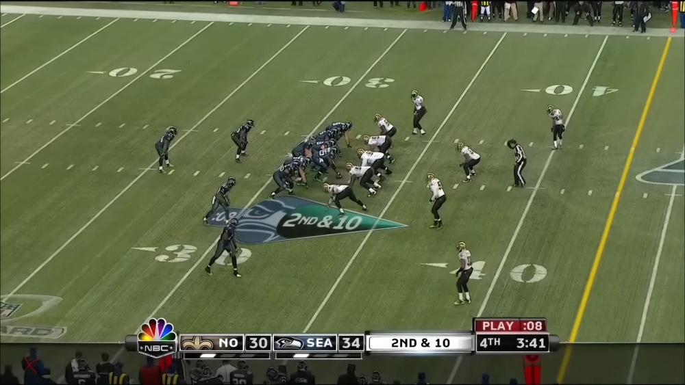 Seattle Seahawks defense lines up against Saints on 2nd & 10 at Lumen Field.