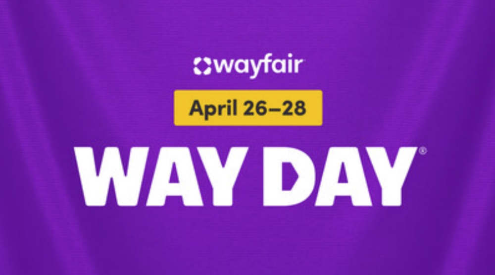 Wayfair Way Day sale promotion on purple background with April dates.