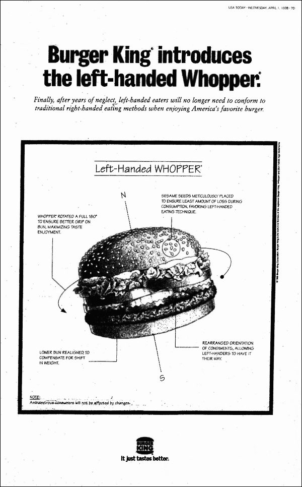 1998 Burger King left-handed Whopper April Fools Day print ad
