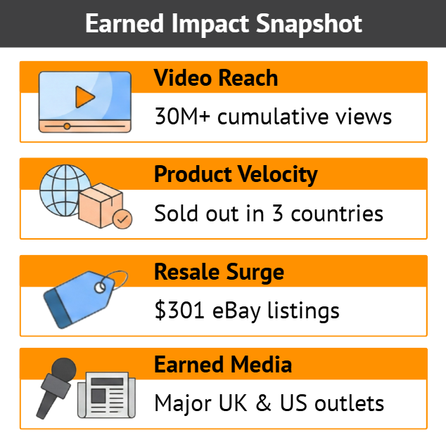 Earned Impact Snapshot: 30M+ video views, sold out in 3 countries, $301 eBay listings