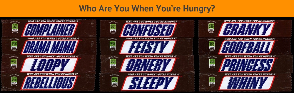 Snickers bars with hunger personality names like Cranky, Sleepy, and Loopy