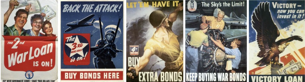 Five World War II U.S. war bond propaganda posters, buy bonds campaigns
