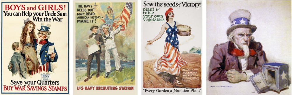 Four World War I U.S. propaganda posters, war savings, navy, and victory garden