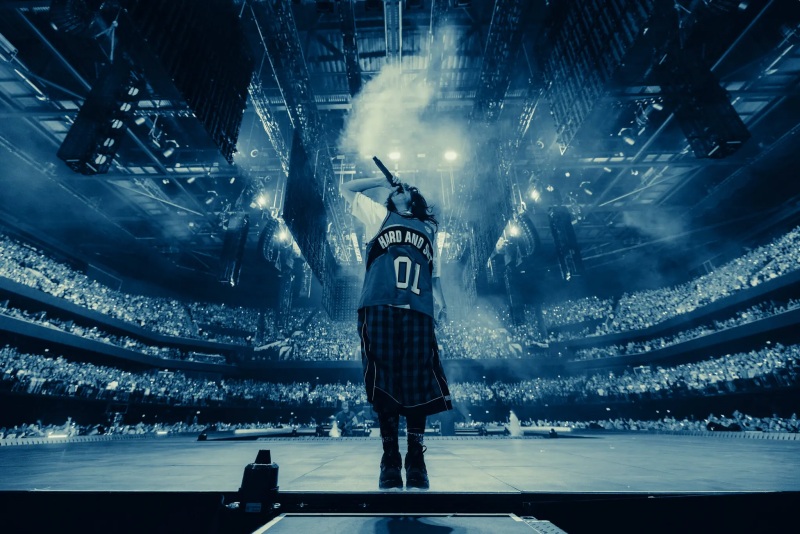 Performer on stage facing a massive crowd in a packed arena