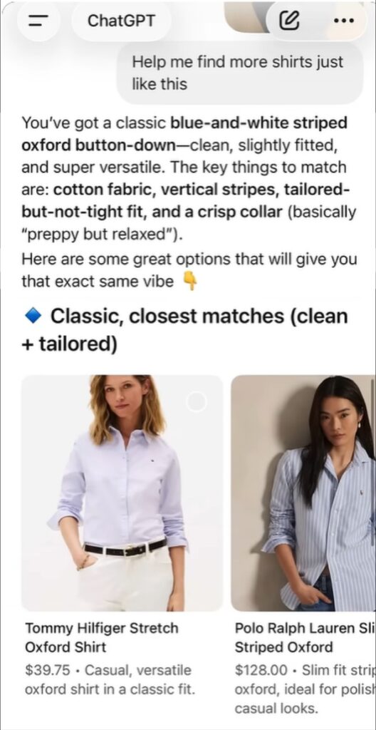 ChatGPT screenshot shows shopping results for striped shirts