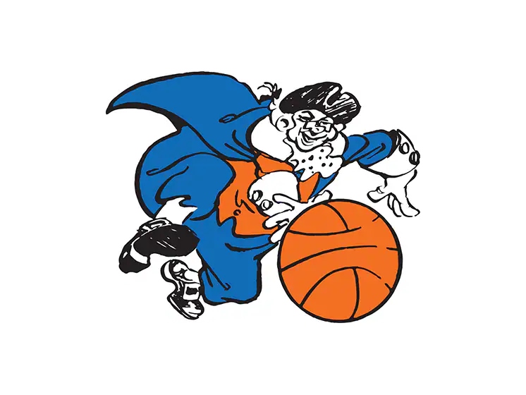 Colonial Minuteman mascot dribbling basketball with bulldog