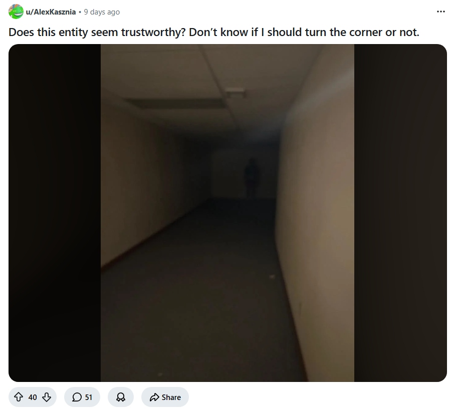 Reddit post dark hallway with mysterious figure at the end