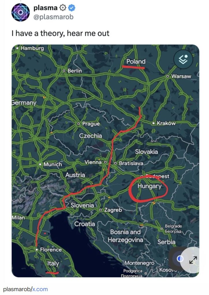 Tweet with map tracing a route theory from Poland to Hungary