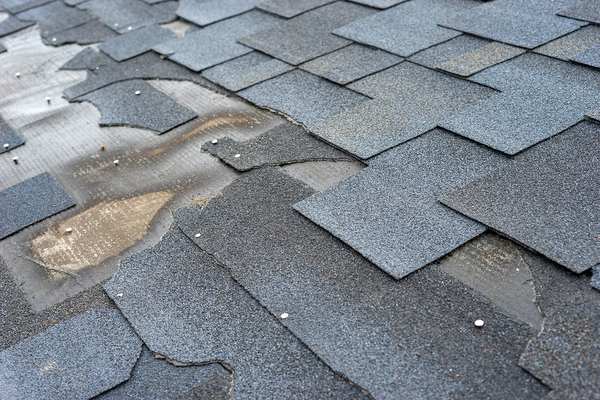 Rooftop with missing and broken shingles.