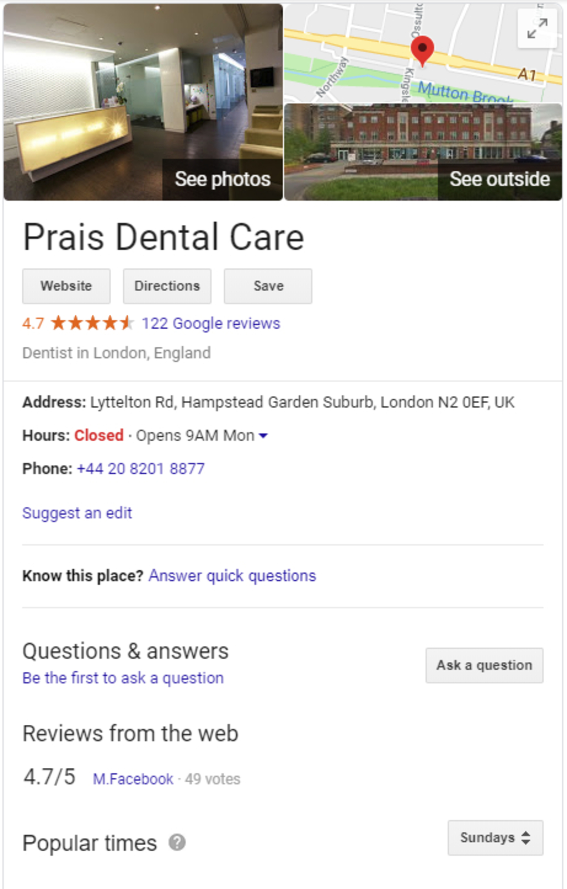 Google search results for Prais Dental care.