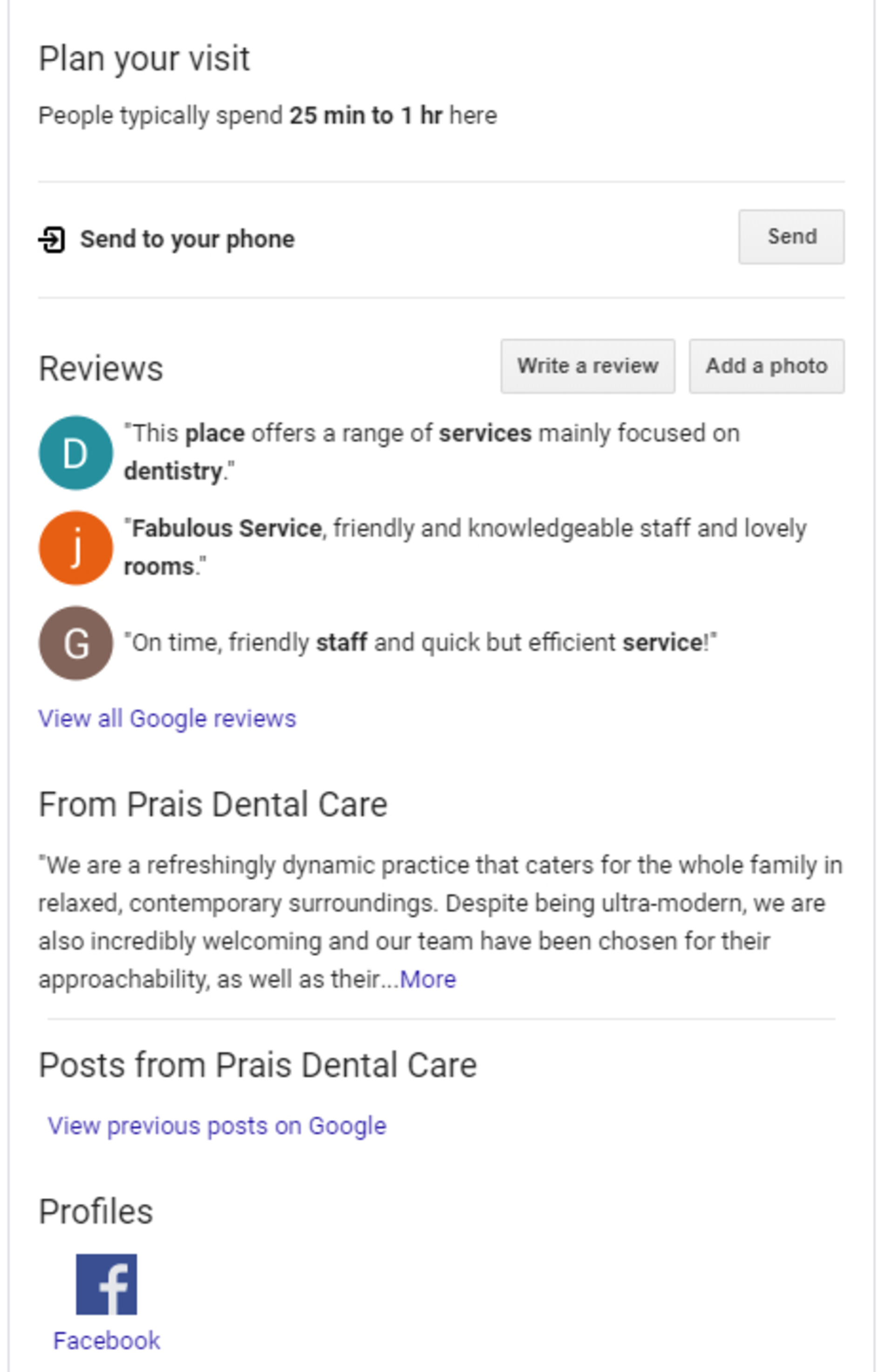 Google results for Plan your visit to Prais Dental Care.